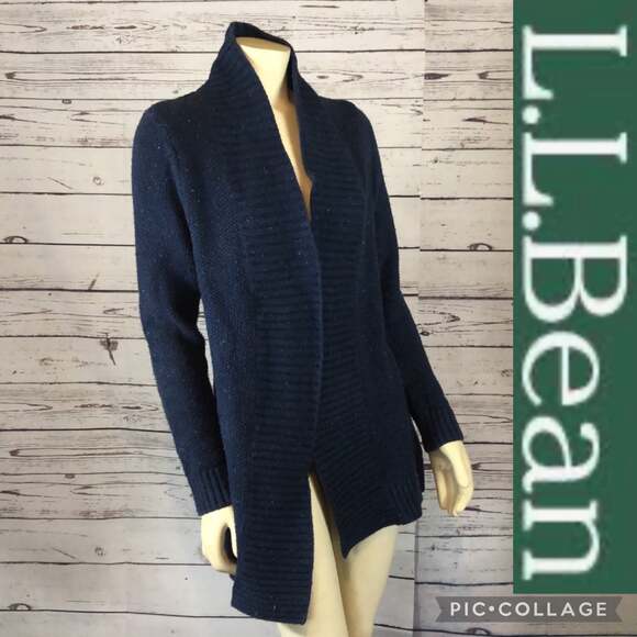 L.L Bean Blue Speckled Chunky Knit shawl collar open front Cardigan size small - Picture 2 of 12